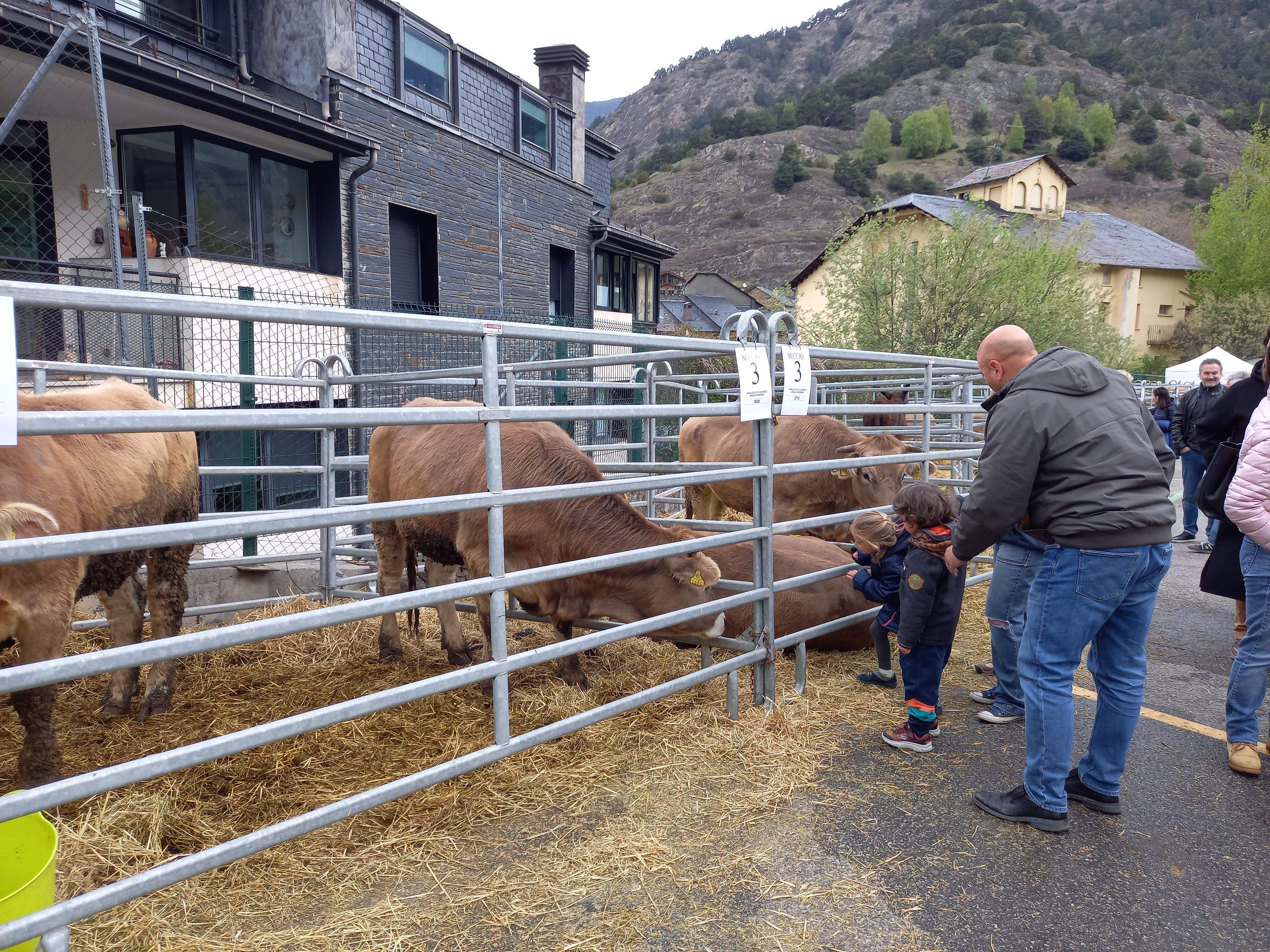 Un pare amb dos nens mira alguns dels animals exposats a la fira.