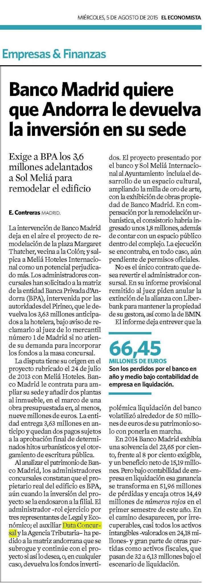 Banco Madrid quiere que Andorra le devuelva la inversión en su sede