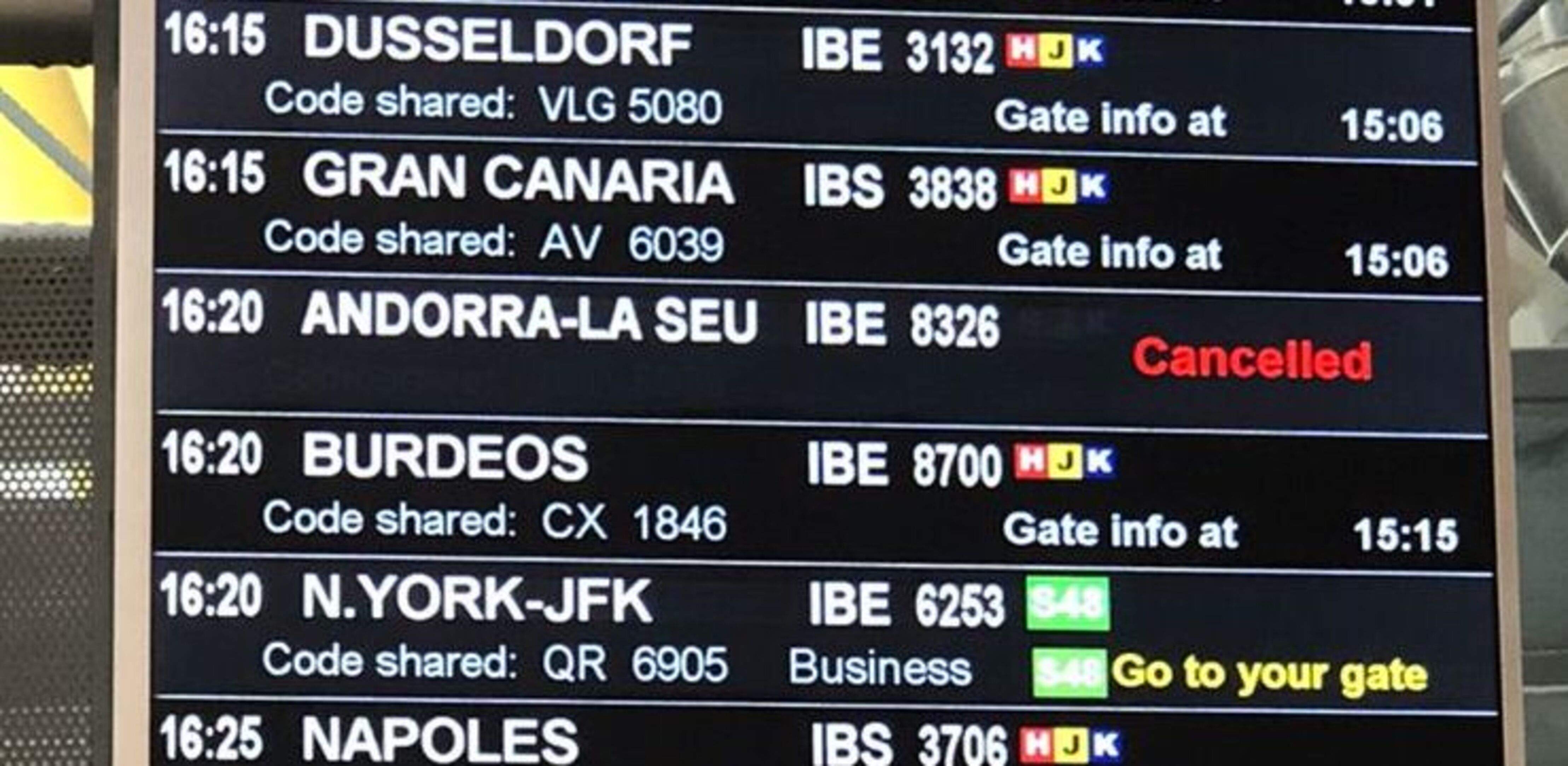 La llista de vols amb el d'Andorra-la Seu cancel·lat. La llista de vols amb el d'Andorra-la Seu cancel·lat.