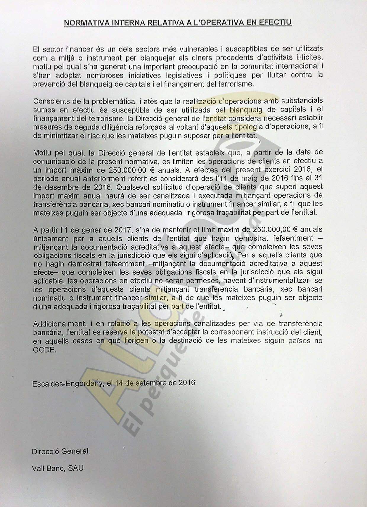 Vall Banc obliga els clients no regularitzats a \'autodelatar-se\' a partir de l\'1 de gener del 2017