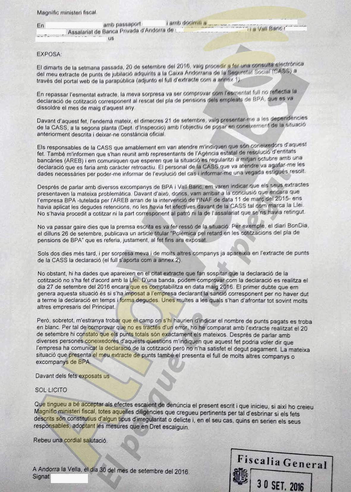 El cas de les cotitzacions del pla de pensions dels treballadors de BPA arriba a la fiscalia