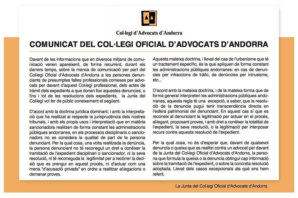 La Junta de Govern del Col·legi d\'Advocats se\'n riu veladament dels treballadors de BPA en un comunicat pel \'cas Pujadas\'