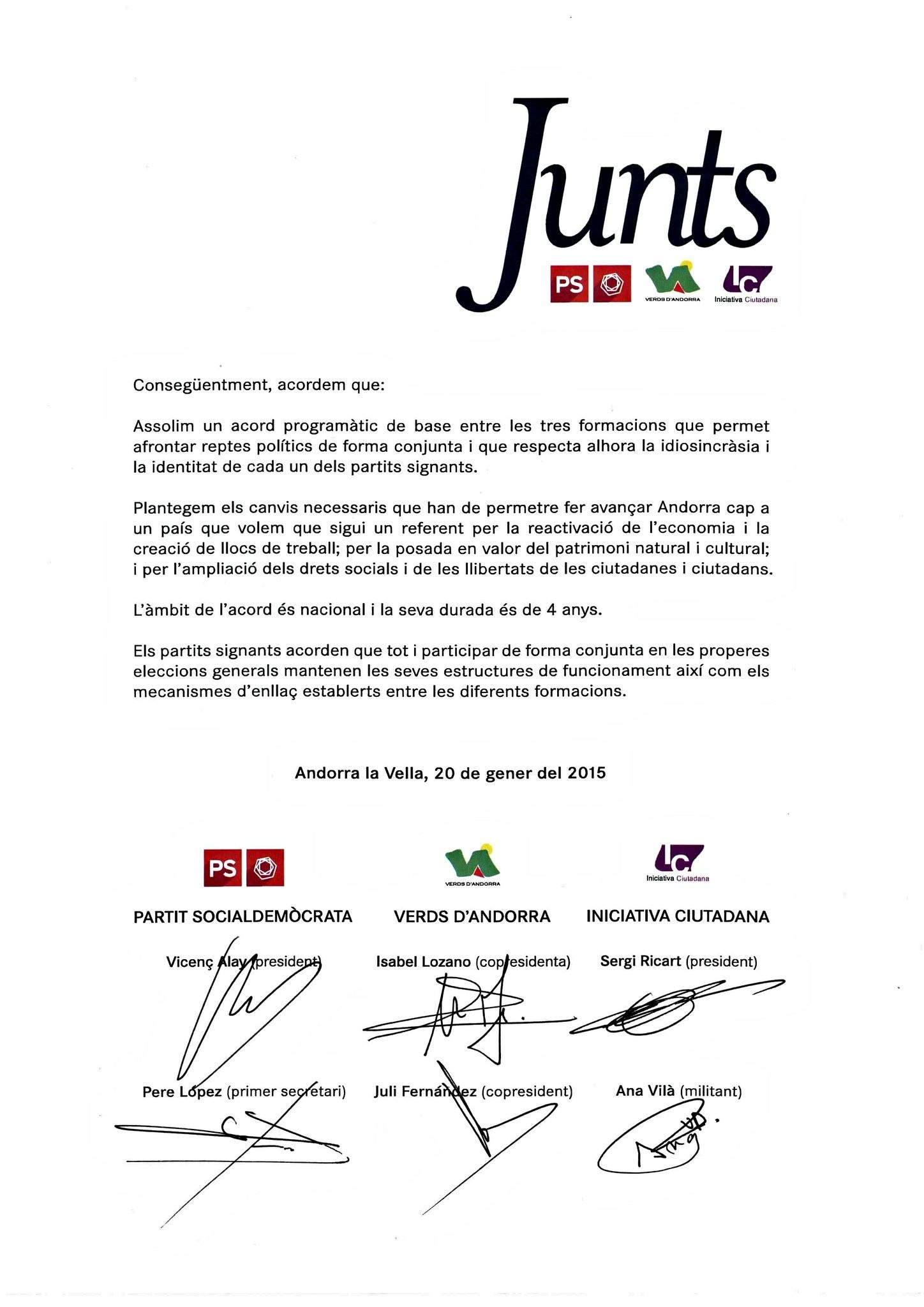 PS, Verds d\'Andorra i Iniciativa Ciutadana certifiquen la defunció de la coalició electoral \'Junts\'