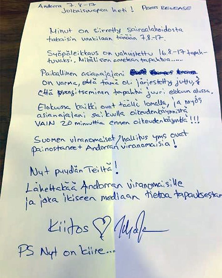 El polític i periodista finlandès empresonat a Andorra denuncia pressions del seu país a les autoritats del Principat