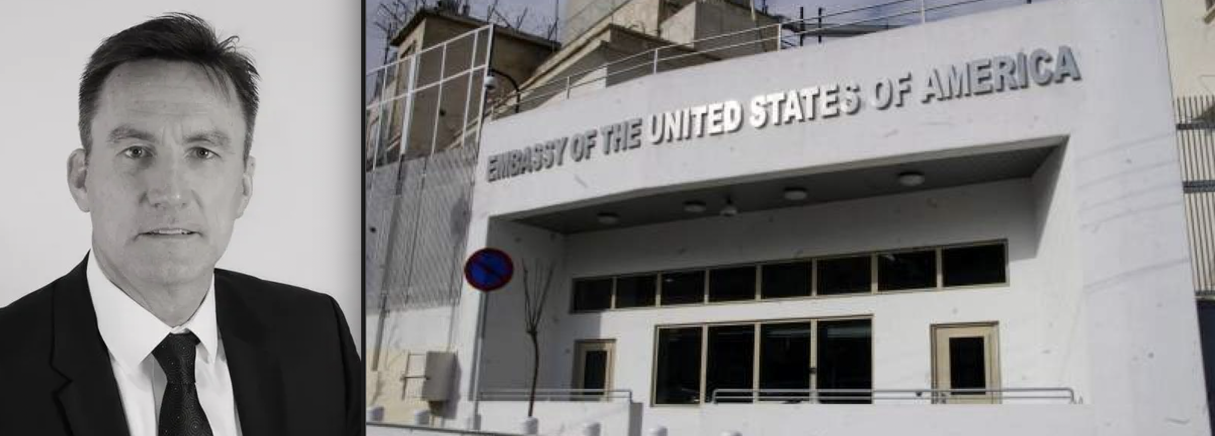 Marc Varri (esquerra) i una imatge de l'ambaixada americana a Madrid.