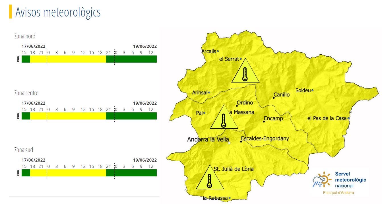 Mapa amb l'avís groc per l'onada de calor.