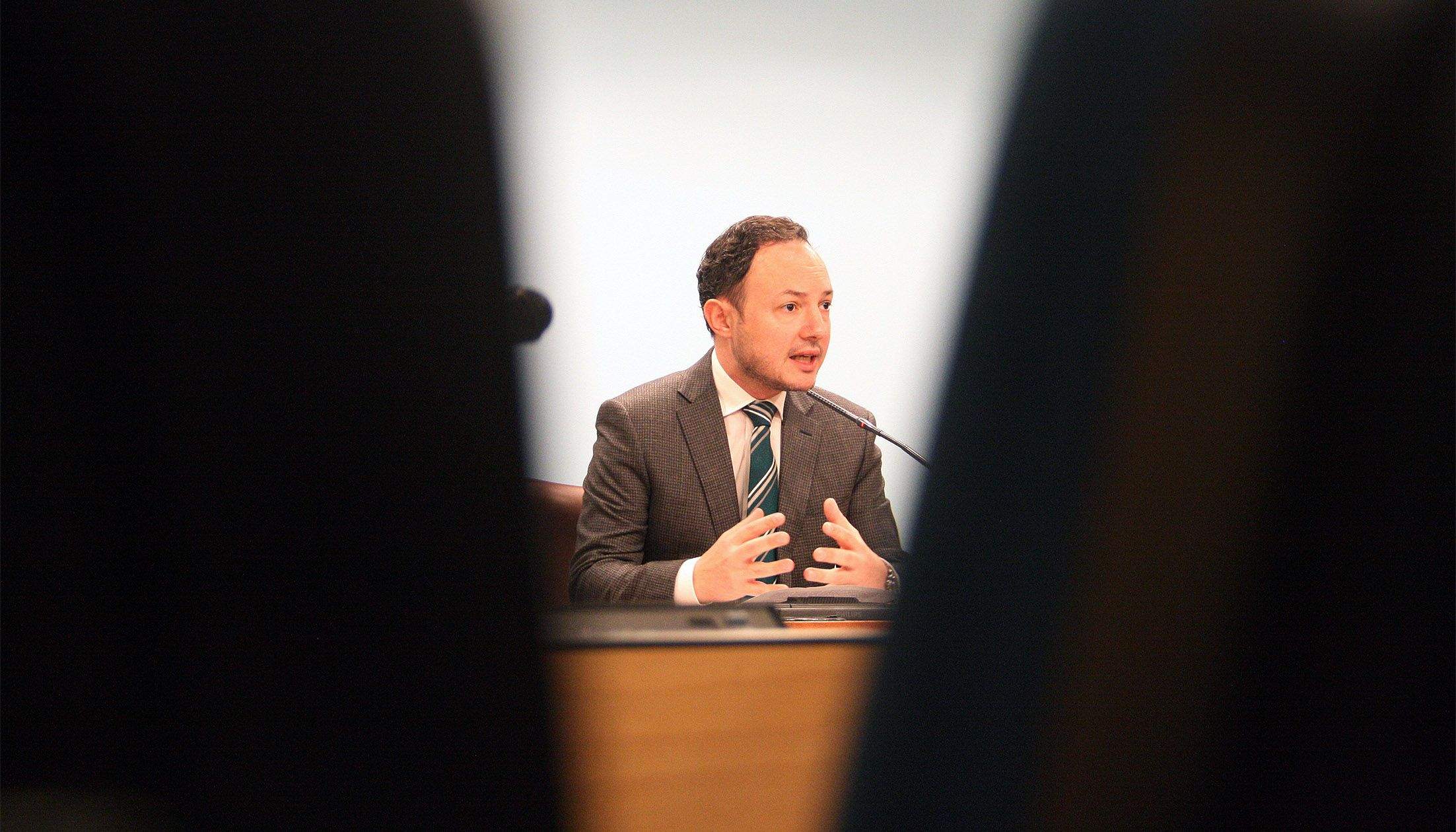 Xavier Espot durant la compareixença en què ha anunciat la seva renúncia.