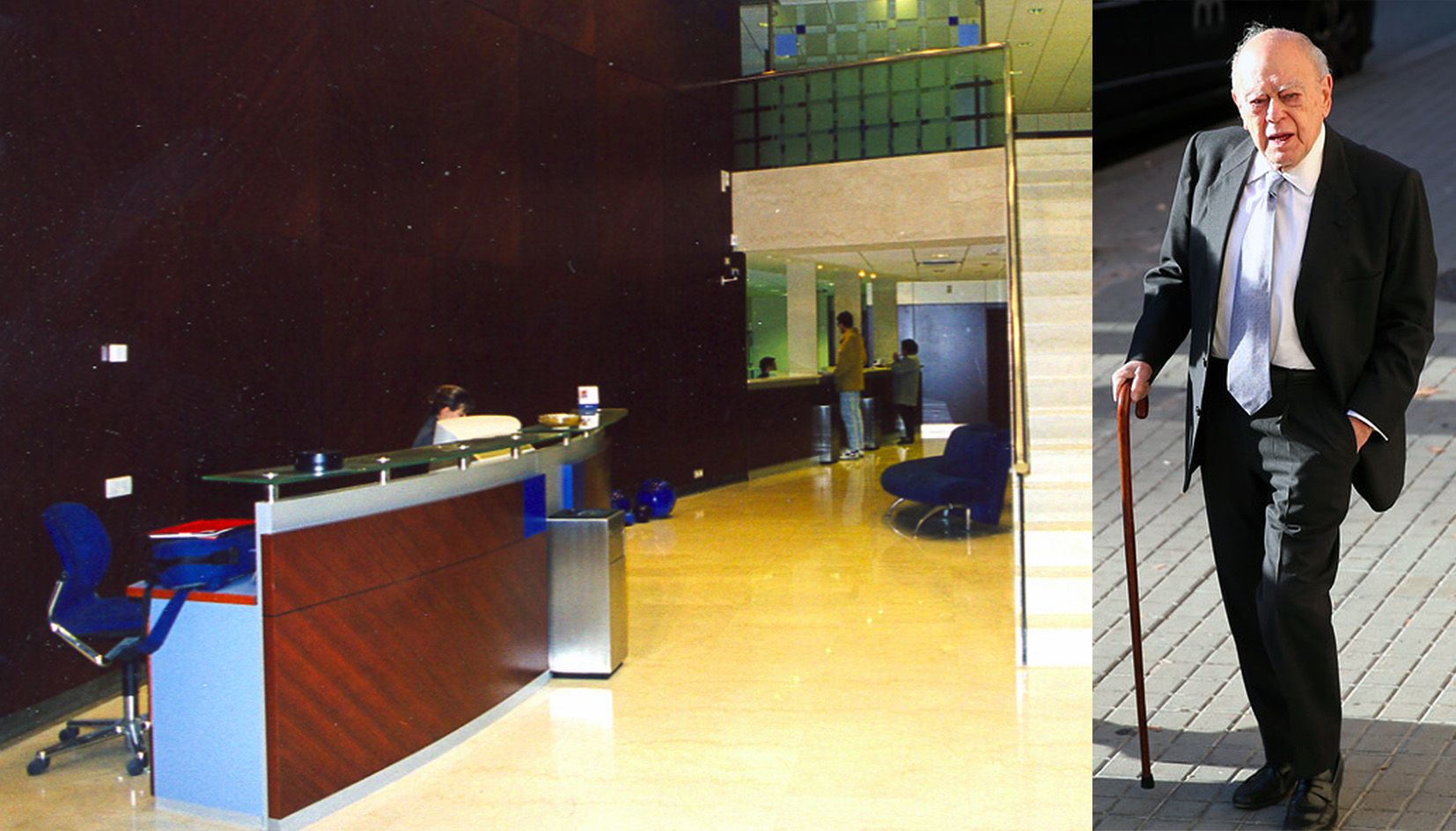 Una imatge de l'antiga seu social de Banca Reig a l'avinguda Meritxell (esquerra); a la dreta, imatge recent de Jordi Pujol.