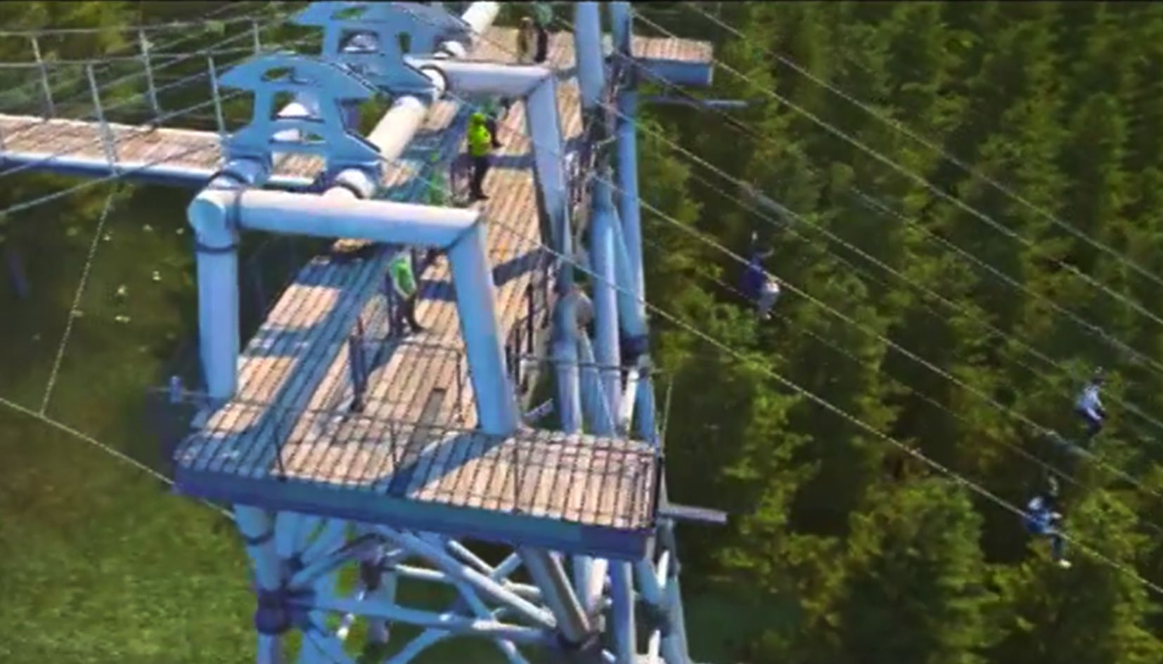 Recreació d'una de les plataformes de sortida de la tirolina en unes imatges avançades per Andorra Televisió. Recreació d'una de les plataformes de sortida de la tirolina en unes imatges avançades per Andorra Televisió.