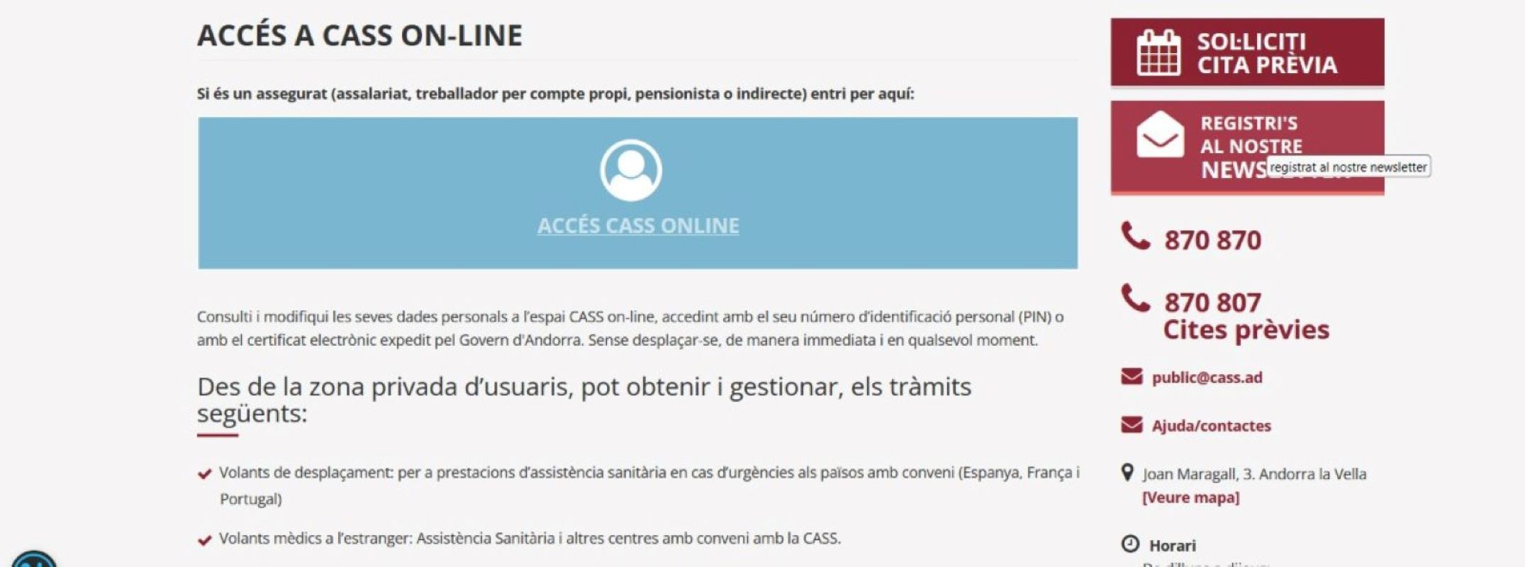 L'accés per a usuaris del portal web de la CASS.