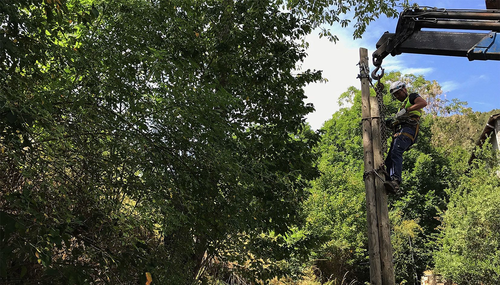 Un operari procedint a desmuntar el cablejat d'un dels pals, aquest migdia.