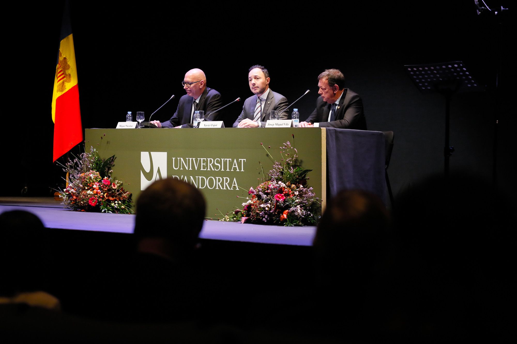 Miquel Nicolau, Xavier Espot i Josep Miquel Vila en l'acte d'inauguració del nou curs aquest dimarts a Sant Julià de Lòria.