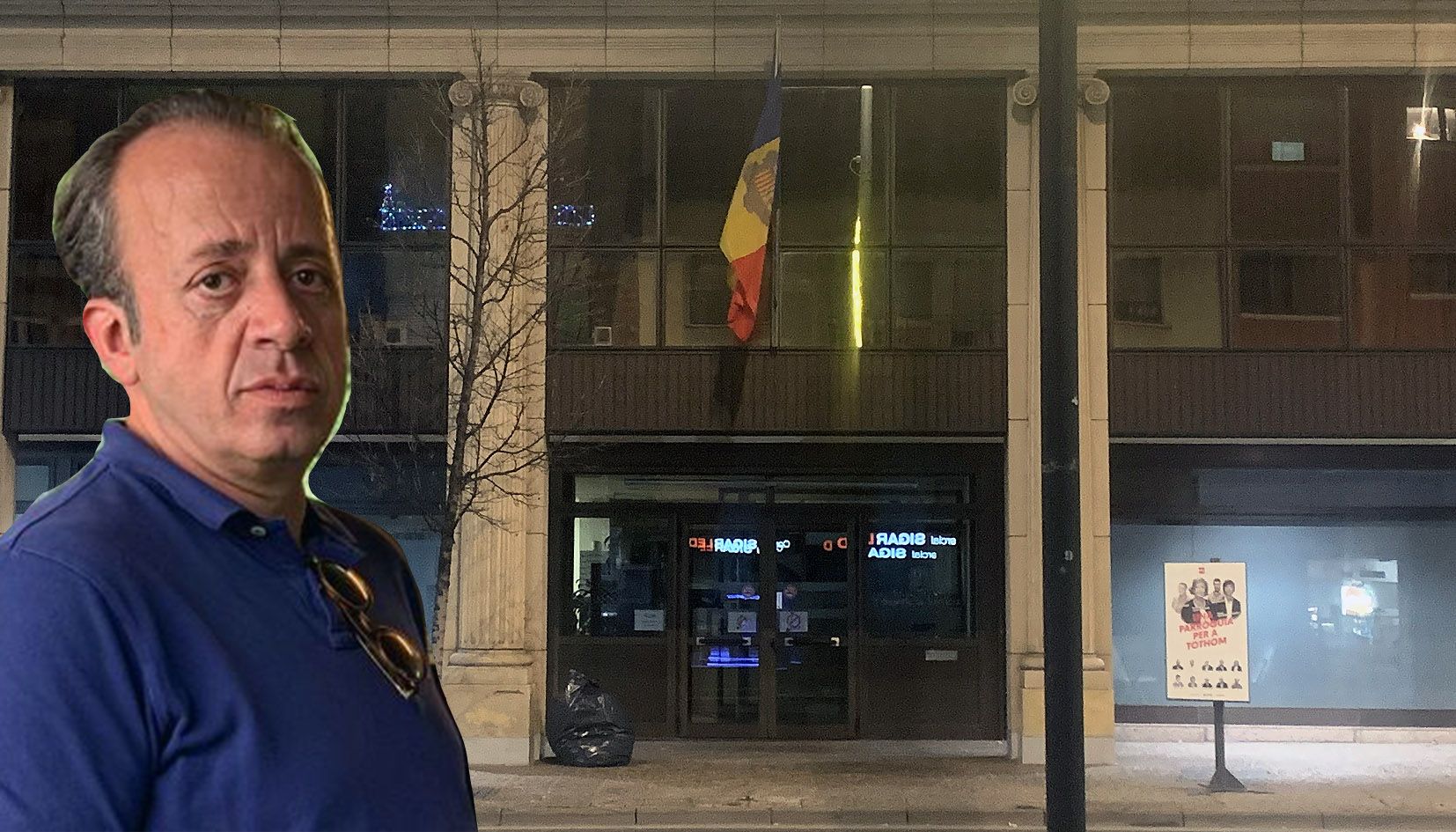 Una imatge de David Claverol sobreposada a una vista de l'edifici de la Batllia aquesta nit.