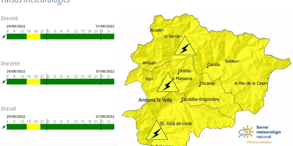 Mapa d'avís groc per tempestes aquest dilluns a la tarda.