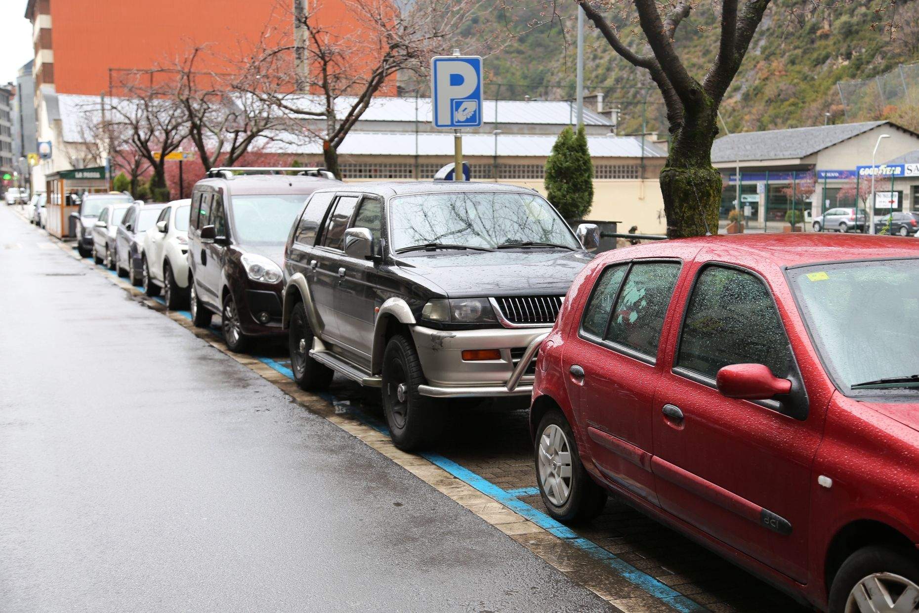 Vehicles aparcats a la zona blava de l'avinguda Verge de Canòlich de Sant Julià de Lòria.