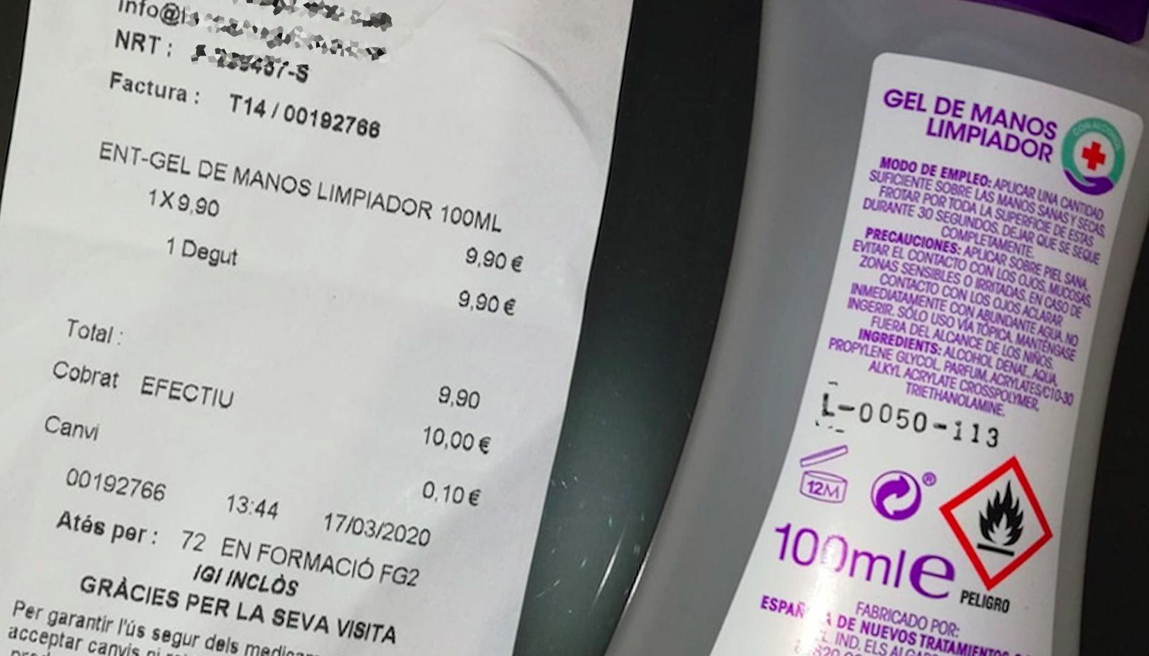 Tiquet d'una farmàcia del Principat en relació a la compra d'una solució hidroalcohòlica.