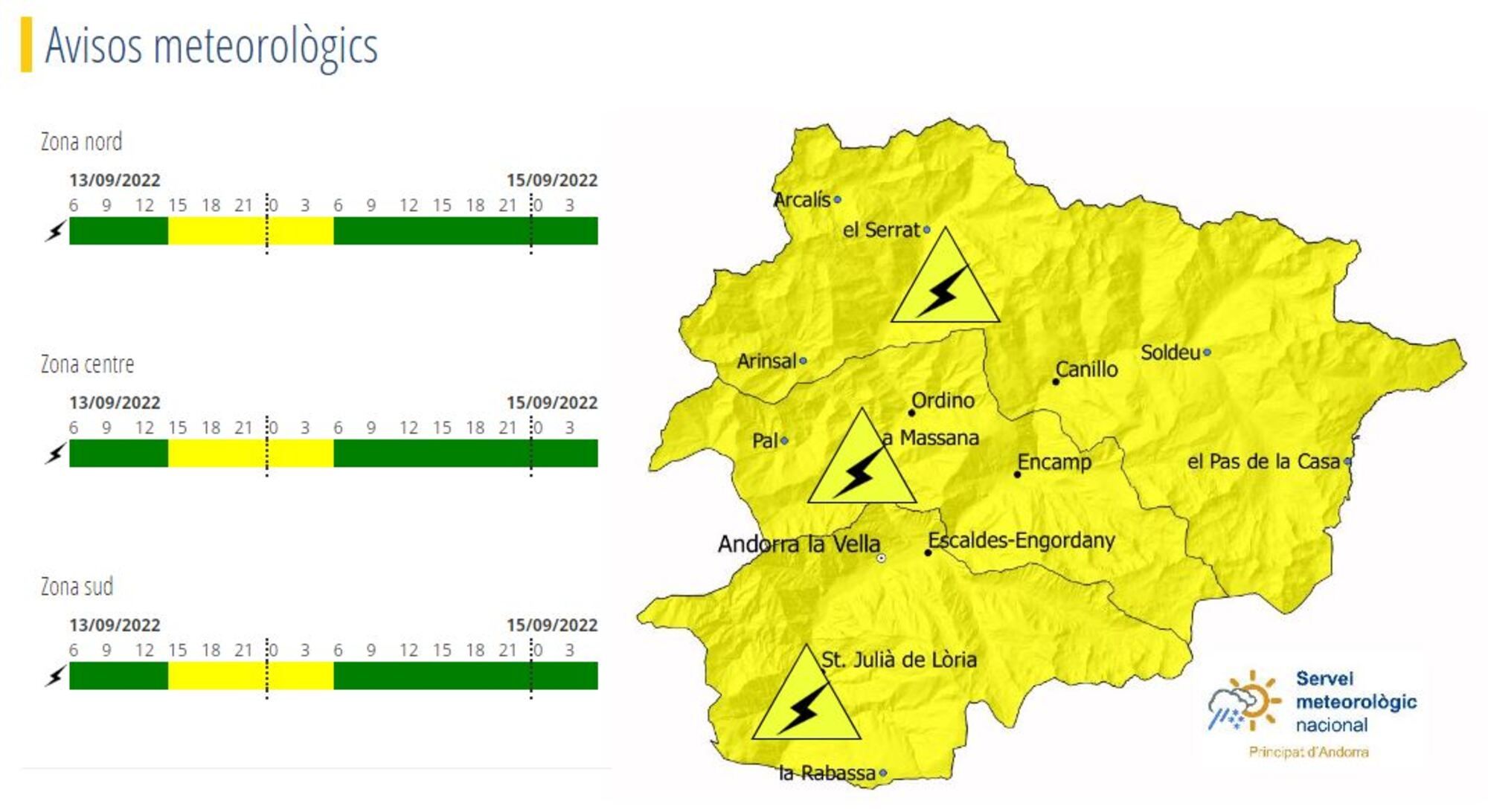 Mapa de l'avís groc per aquesta tarda i nit.