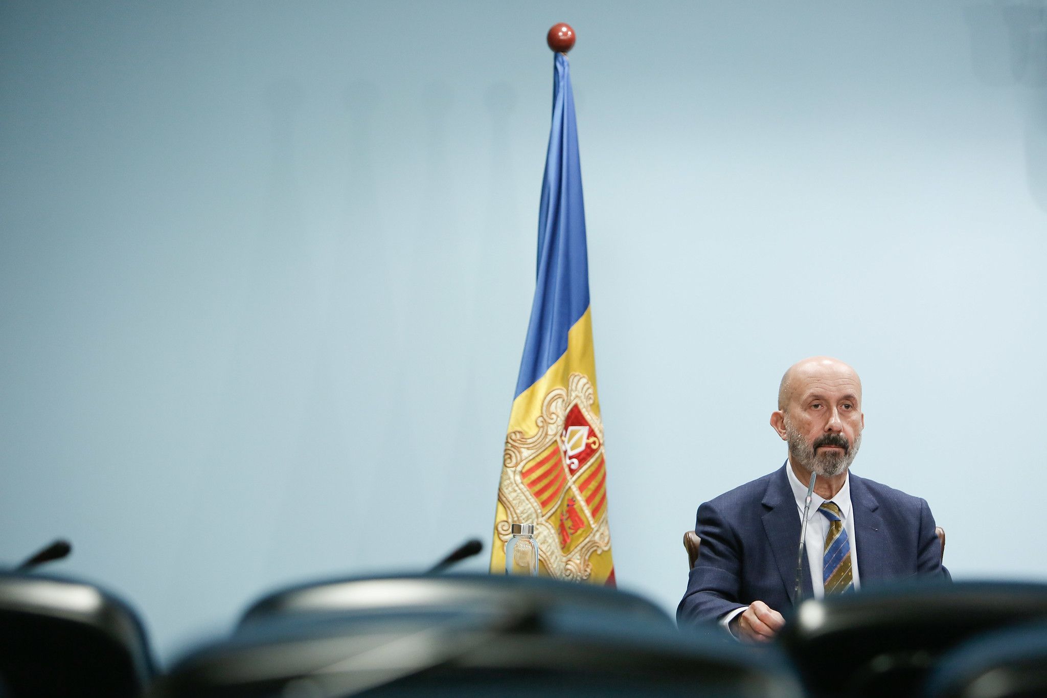 Un moment de la compareixença del ministre Joan Martínez Benazet aquest migdia.
