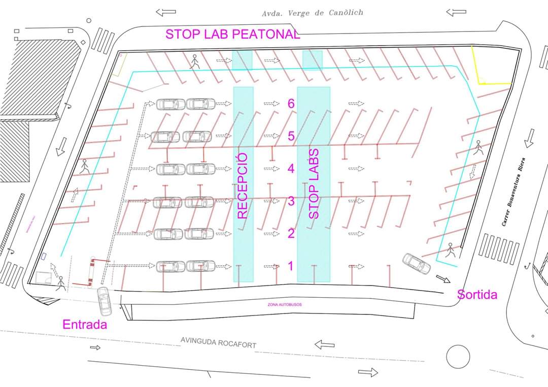 Disposició dissenyada pel comú de Sant Julià pel laboratori mòbil que s'ubicarà a l'aparcament del Prat Nou. Disposició dissenyada pel comú de Sant Julià pel laboratori mòbil que s'ubicarà a l'aparcament del Prat Nou.