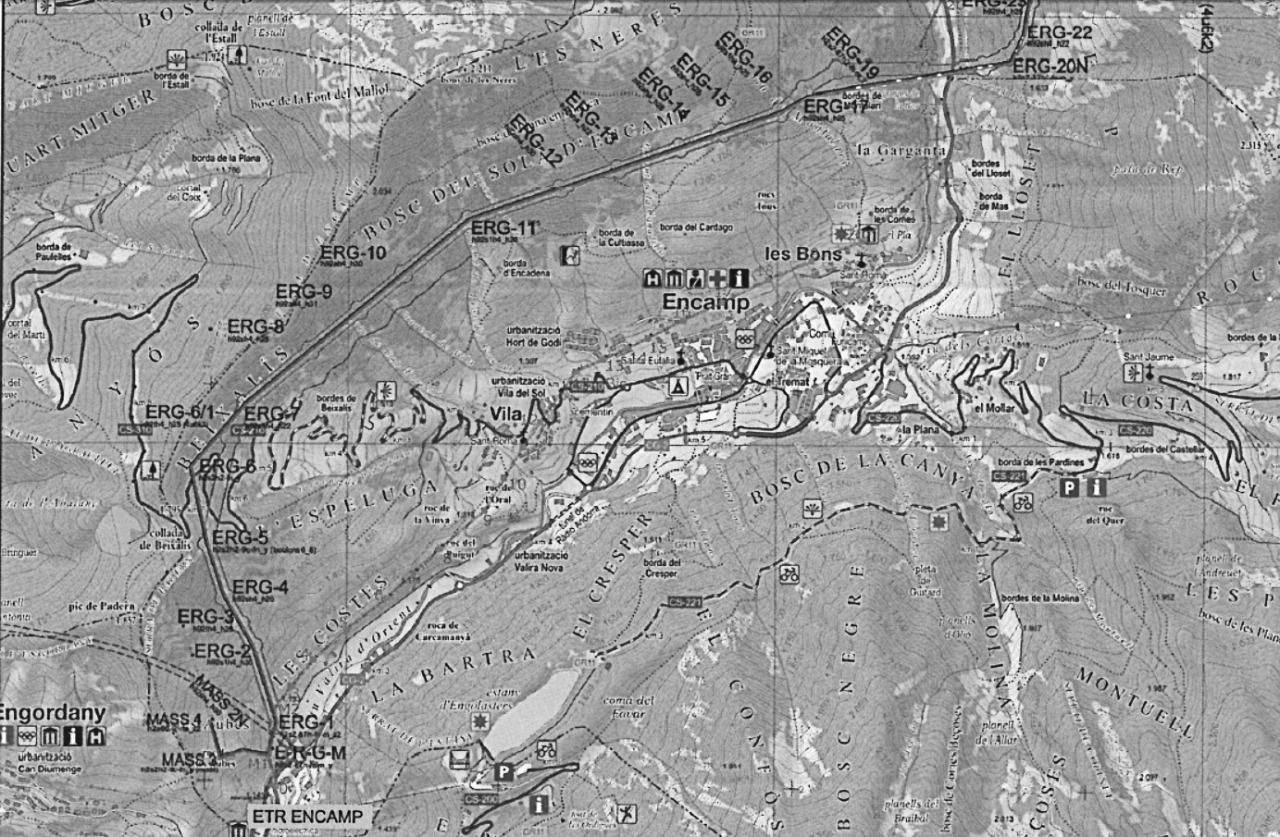 Plànol amb la ubicació prevista de les pilones al seu pas per Encamp.