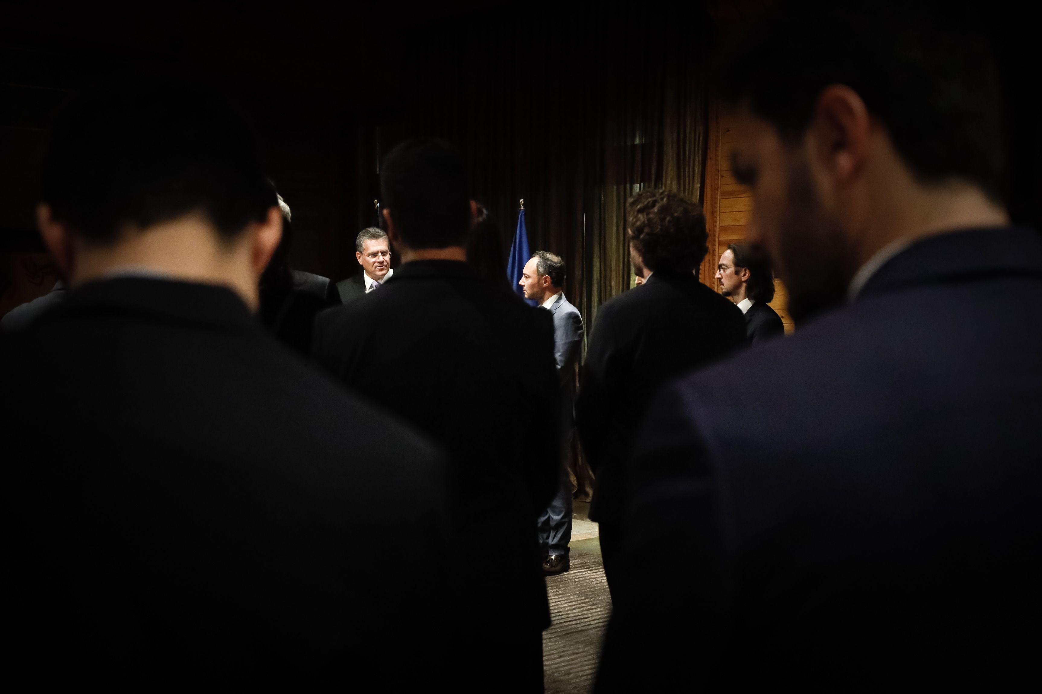 Maroš Šefčovič, Xavier Espot i Landry Riba en la compareixença de dijous.