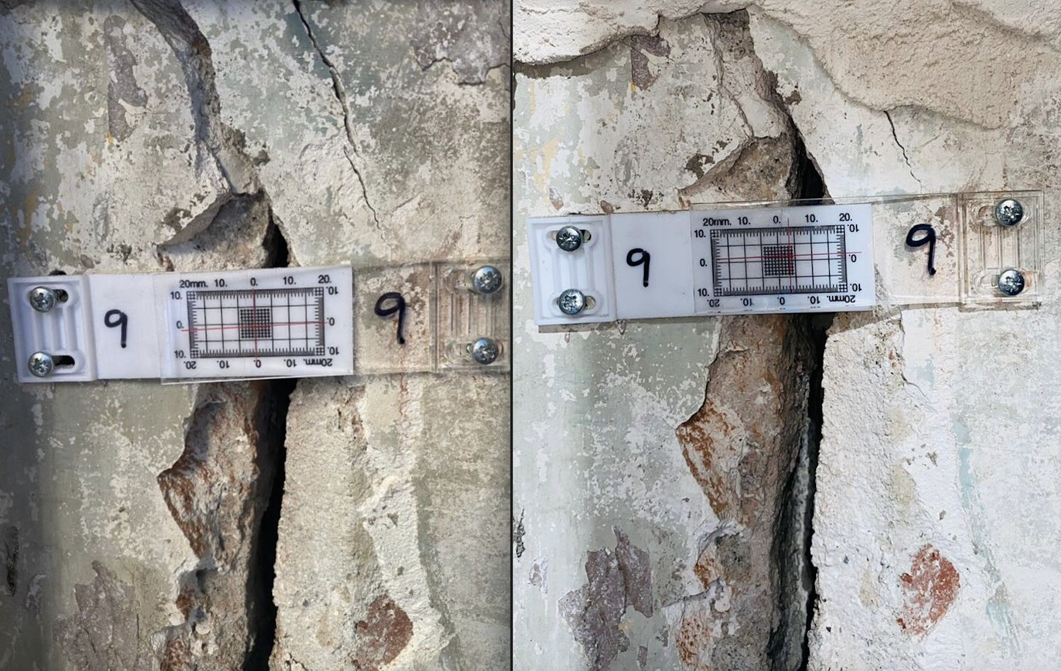 Un dels testimonis col·locats en una de les fractures, al juny (esquerra) i ara. Un dels testimonis col·locats en una de les fractures, al juny (esquerra) i ara.