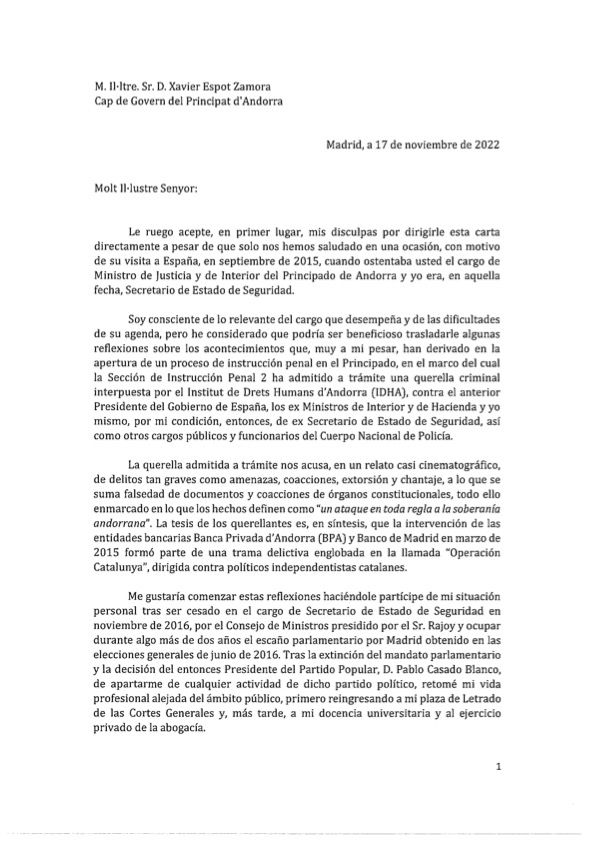 Primera pàgina de la carta de Martínez a Espot.