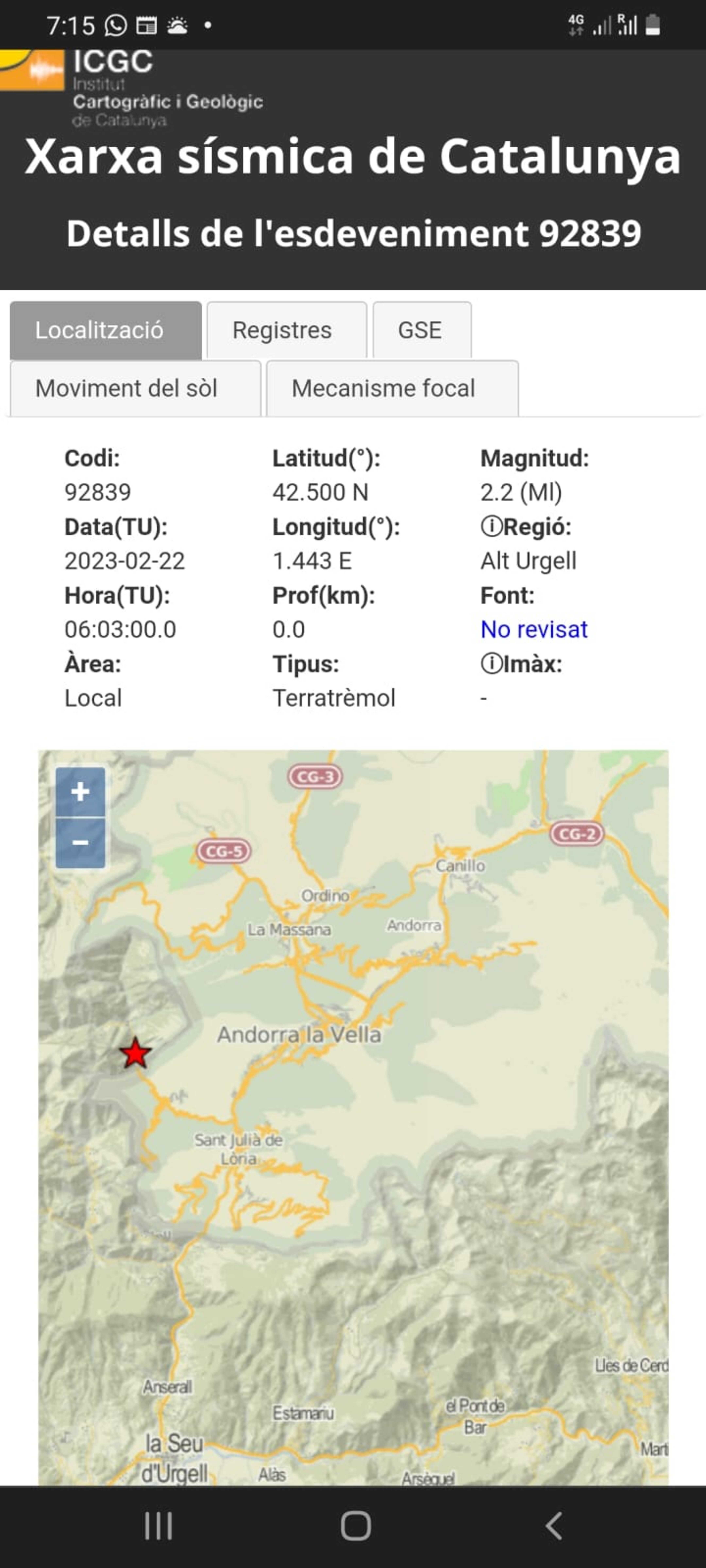 Una de les pàgines especialitzades situant l'epicentre.