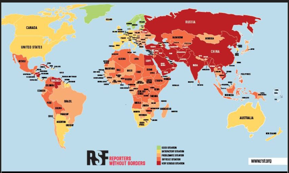 Mapa del rànquing de llibertat de premsa de RSF de 2023