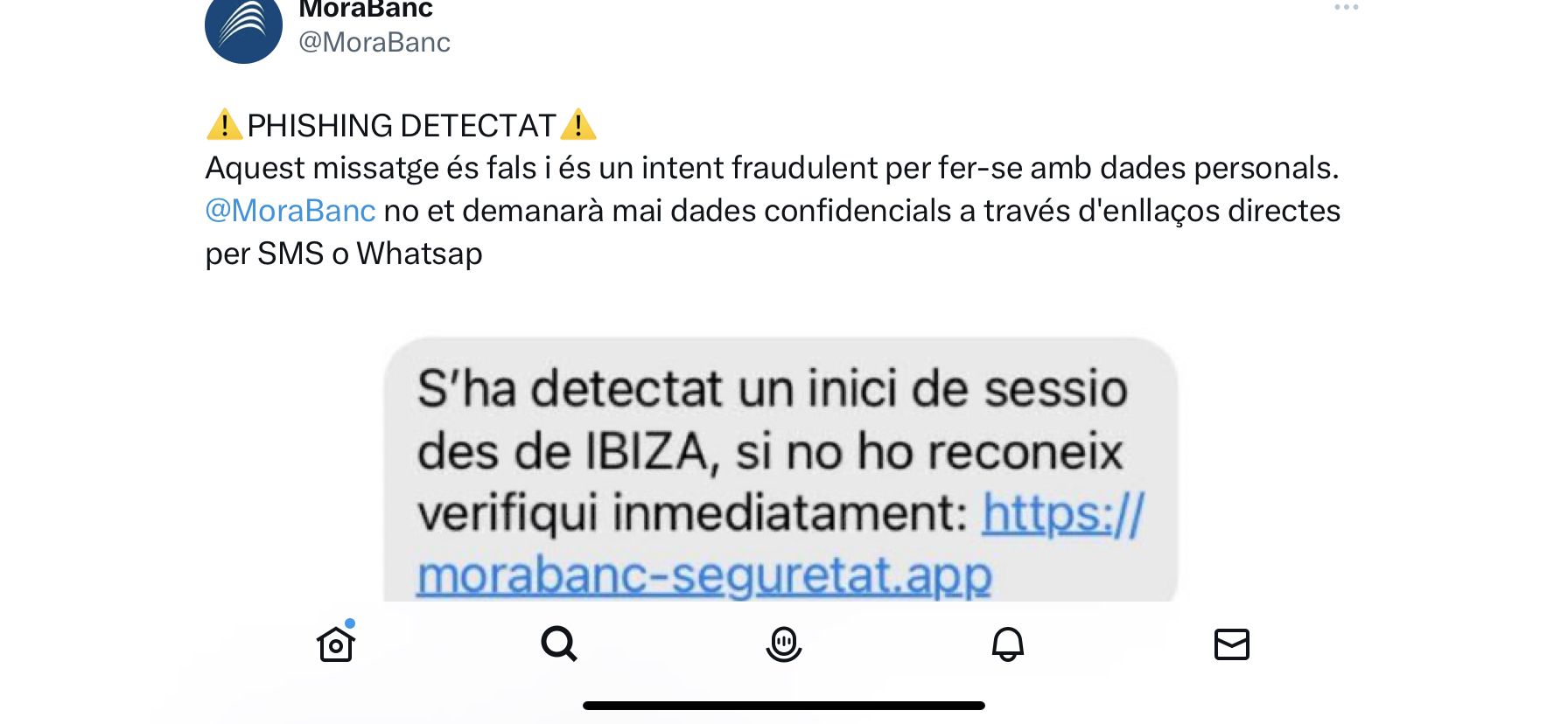 Una de les alertes via xarxes socials de MoraBanc.