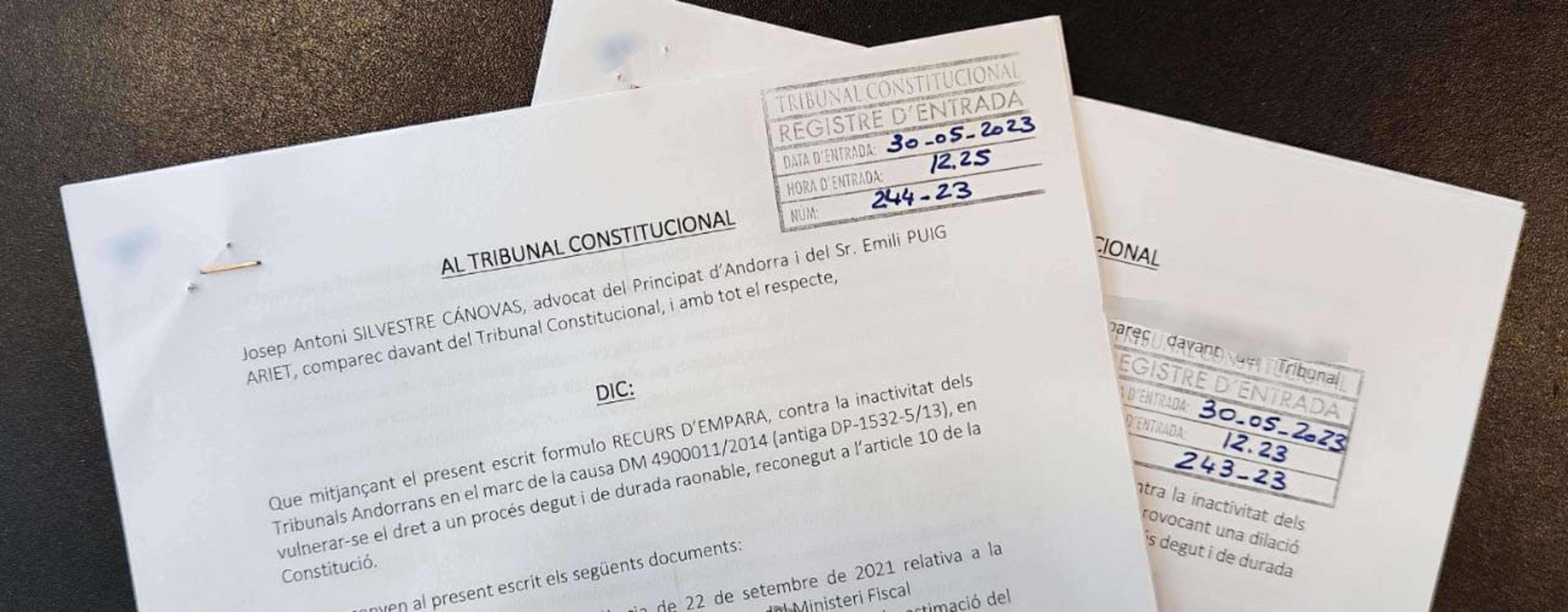 L'encapçalament de l'escrit que s'ha presentat aquest dimarts al Constitucional.