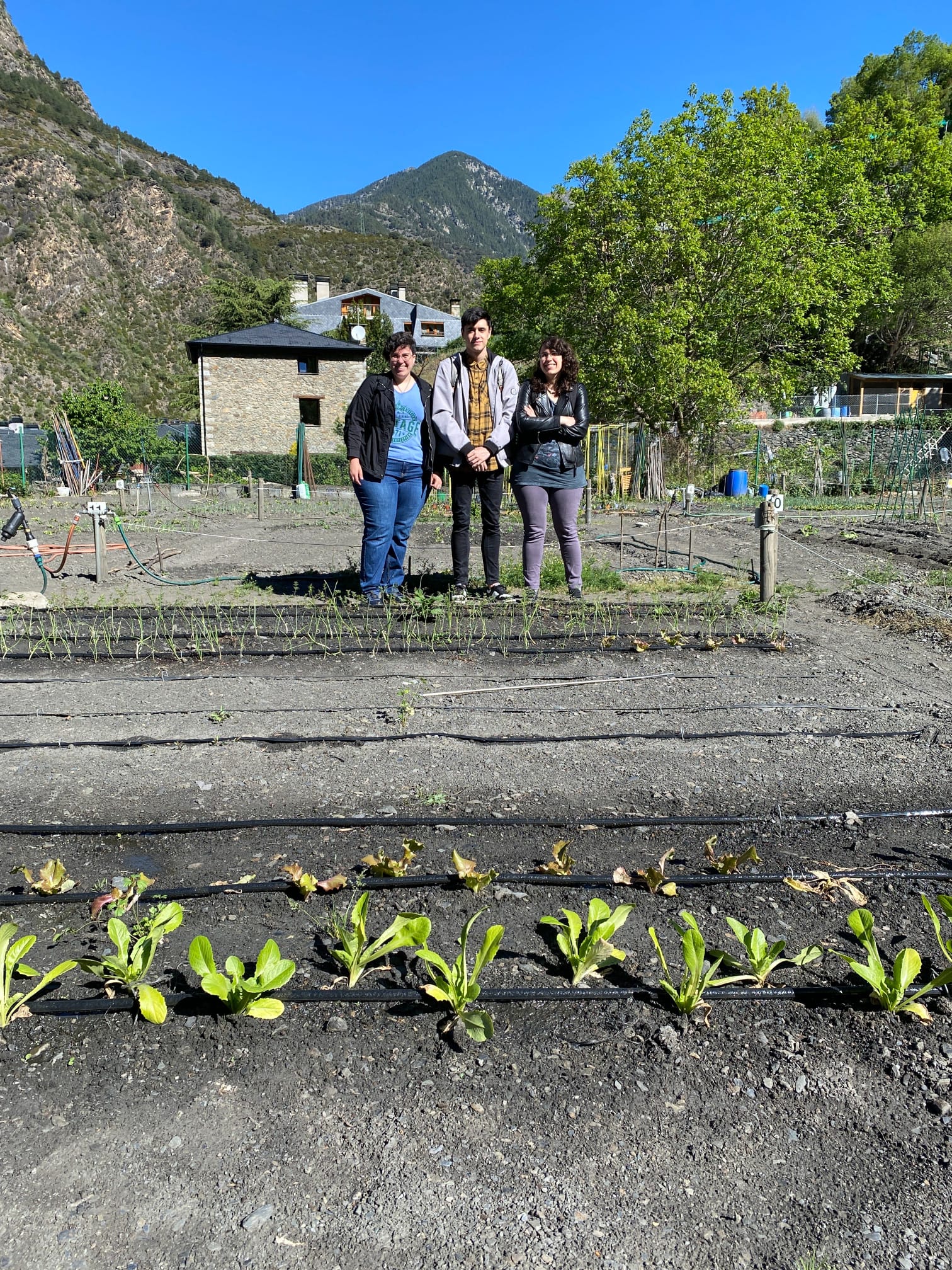 Els tres alumnes a la seva parcel·la d'hort.