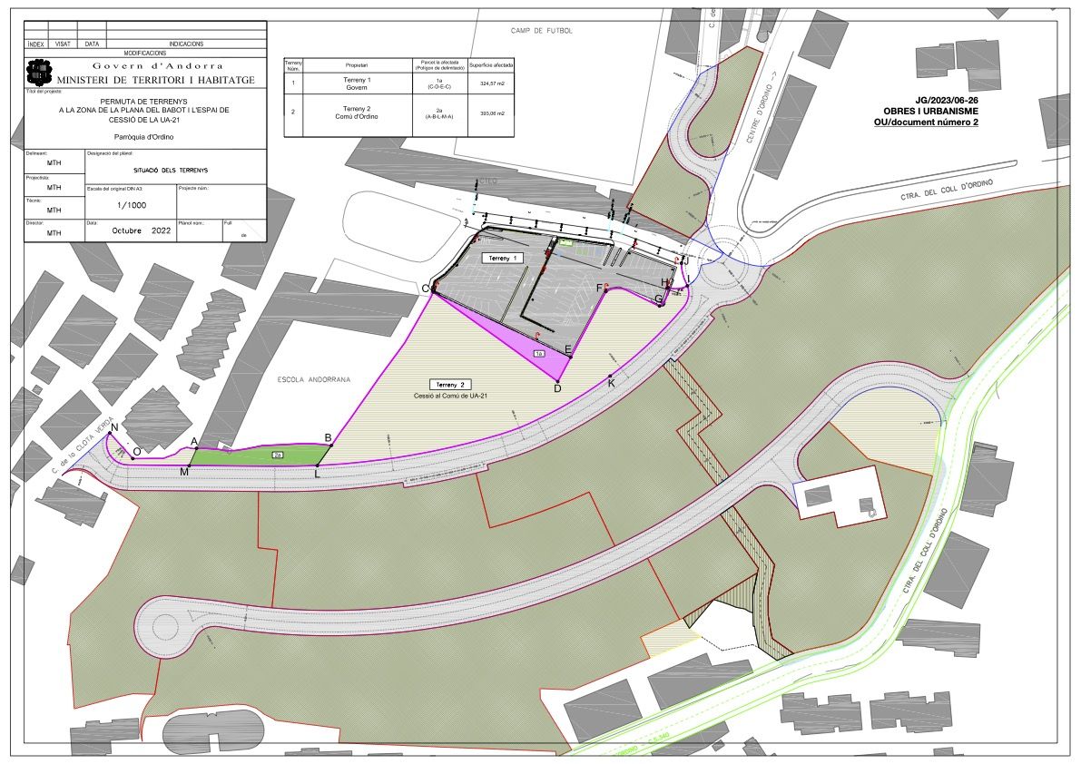 Plànol de la zona amb les zones 'implicades' grafiades en verd i magenta.