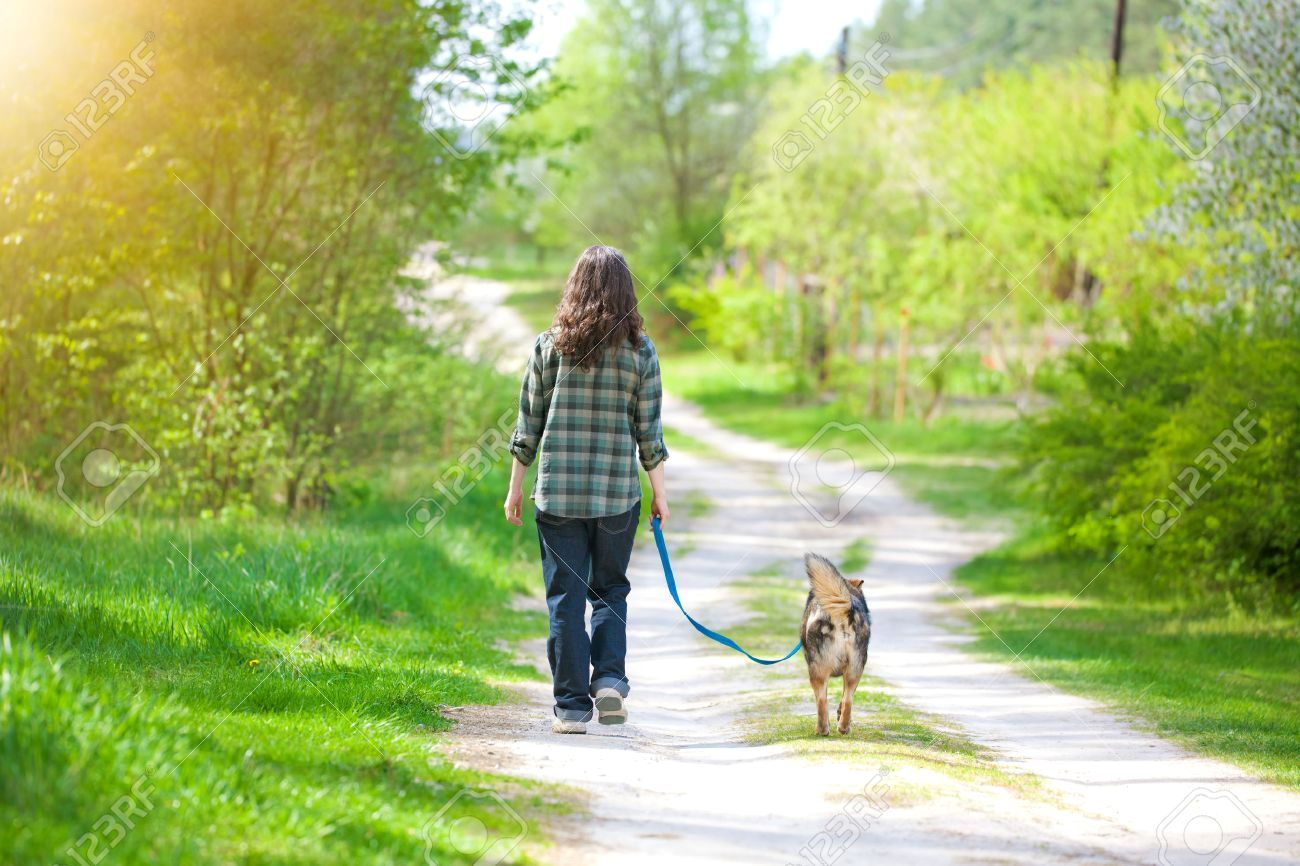 Una dona passeja amb el gos. Una dona passeja amb el gos.