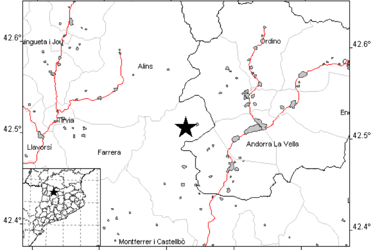 Mapa amb l'epicentre d'un terratrèmol a Os de Civís el passat 25 de juliol.