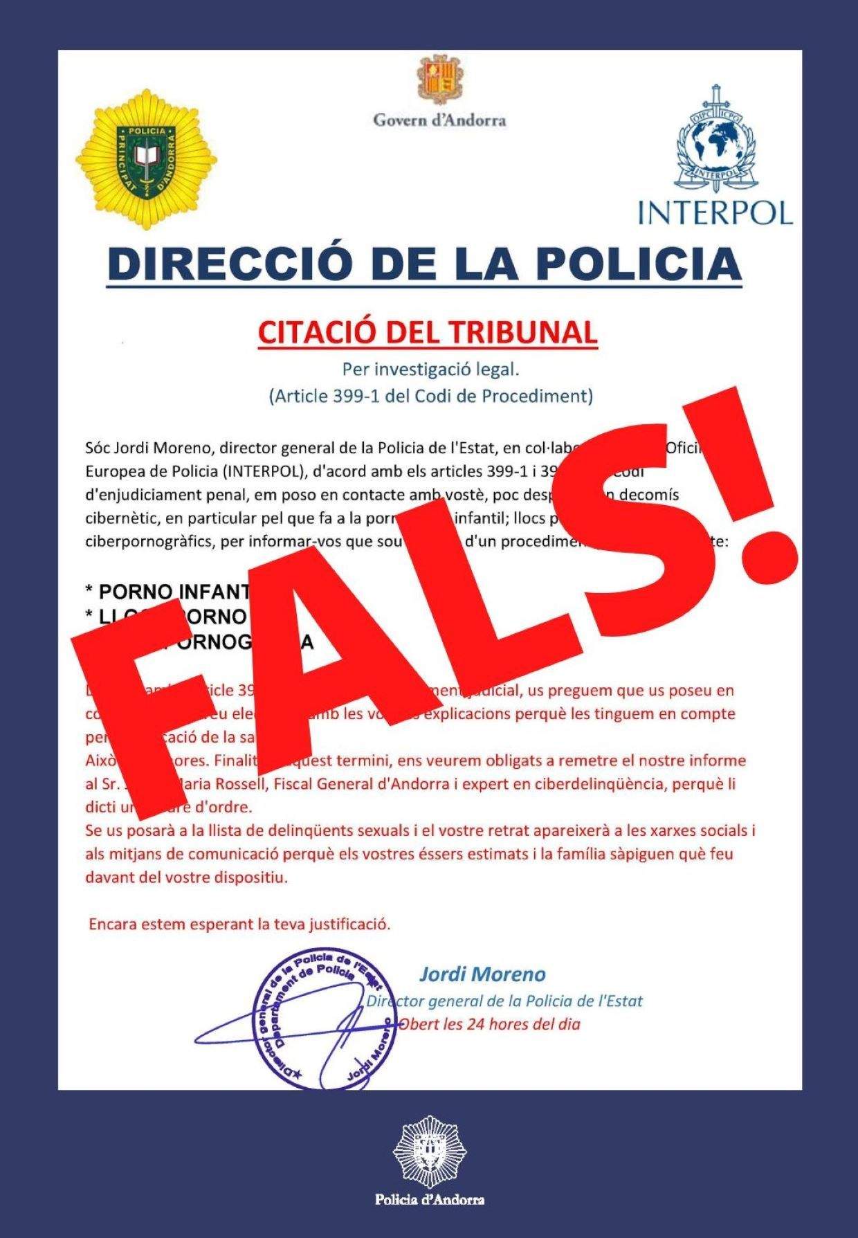 Missatge de 'phishing' suplantant la identitat de la Policia.