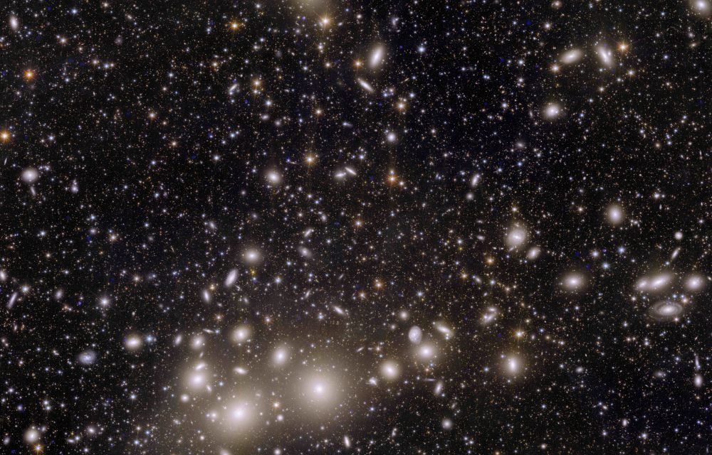 El cúmul de galàxies de Perseus amb més de 1000 galàxies i desenes de milers en segon pla - Crèdit ESA