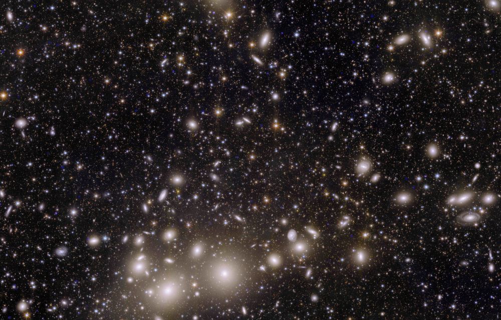 El cúmul de galàxies de Perseus amb més de 1000 galàxies i desenes de milers en segon pla - Crèdit ESA