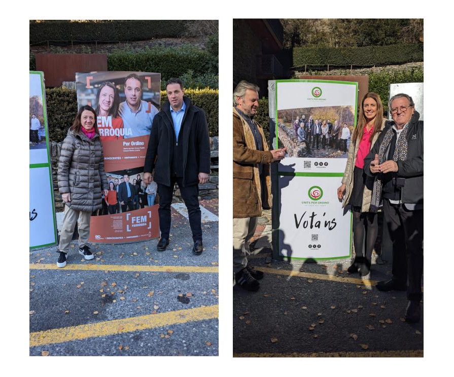 Penjada de cartells de les dues candidatures que concorren a les comunals a Ordino