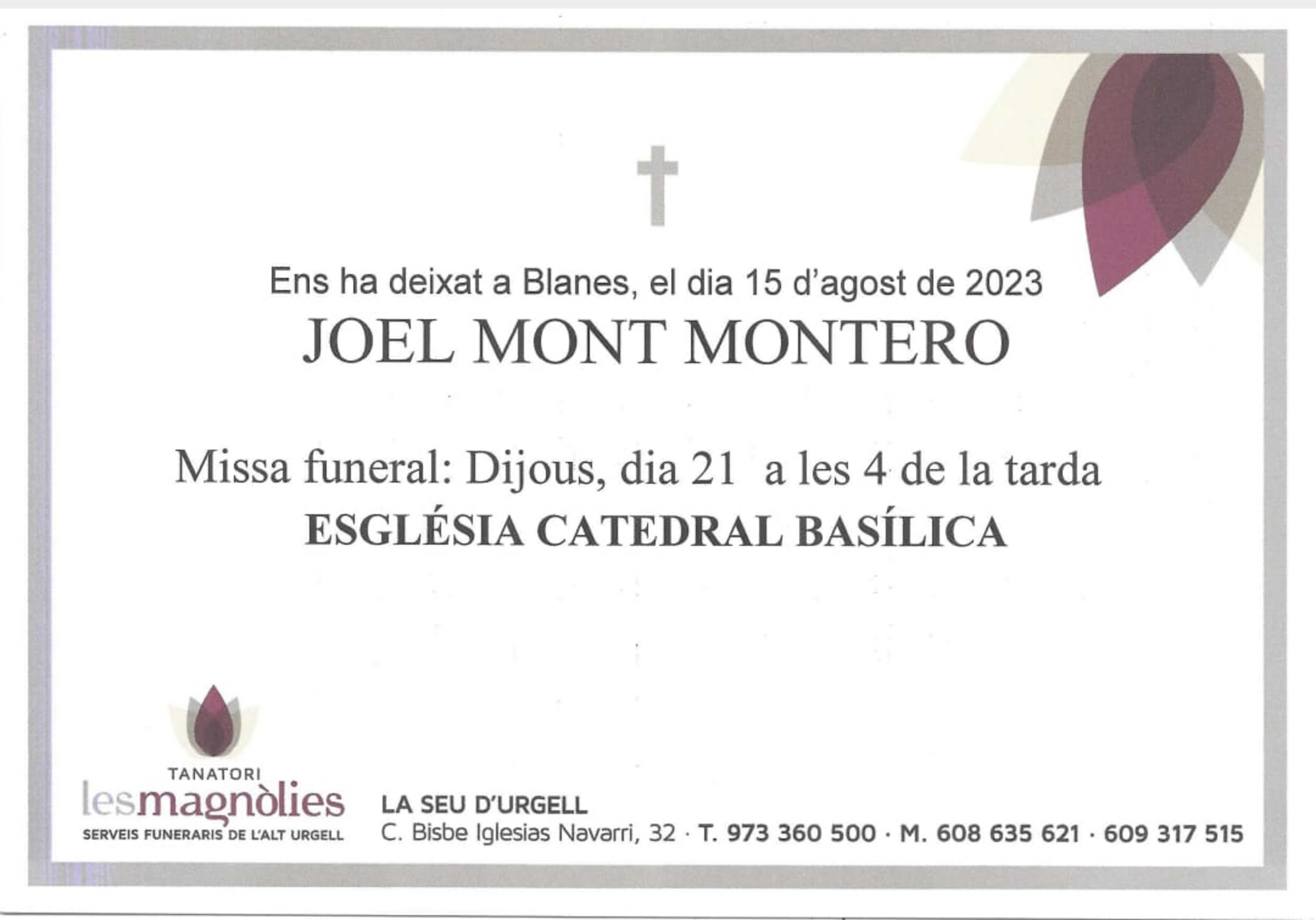 Esquela en memòria de Joel Mont Montero.