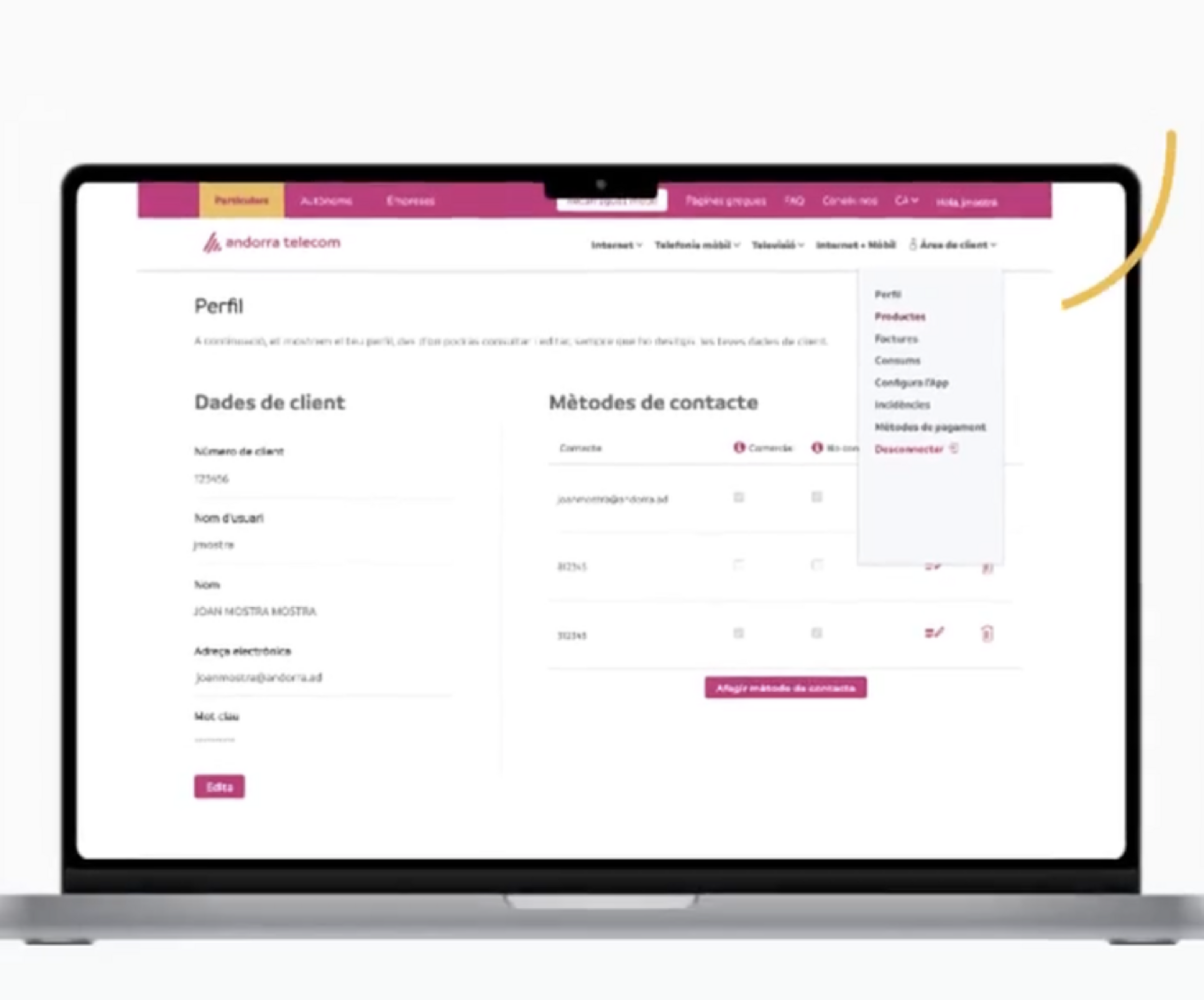 Simulació d'una fitxa de client d'Andorra Telecom.