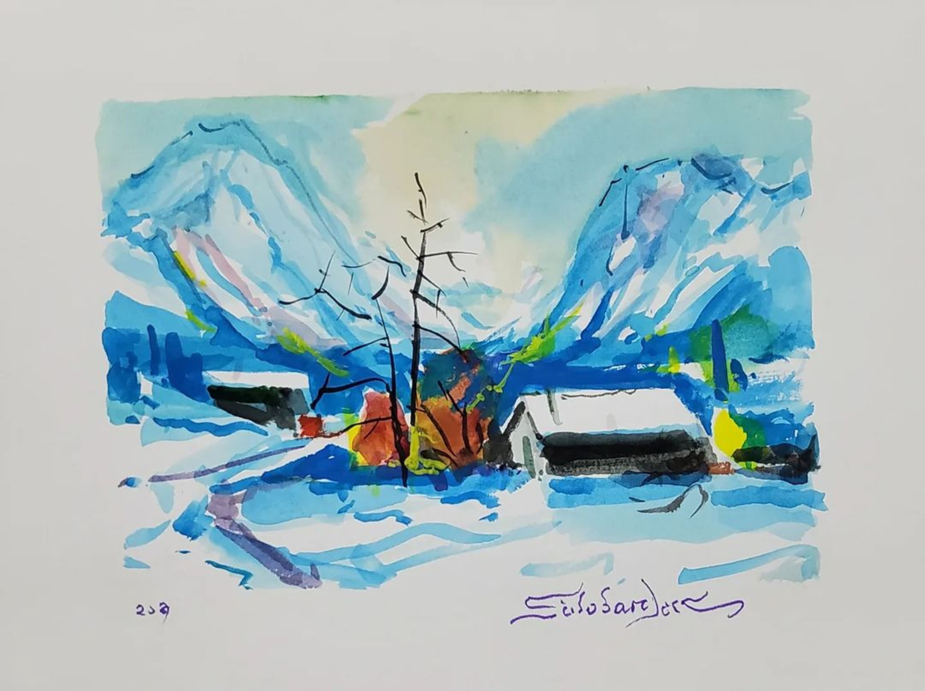 Aquarel·la d'un paisatge andorrà nevat. Aquarel·la d'un paisatge andorrà nevat.