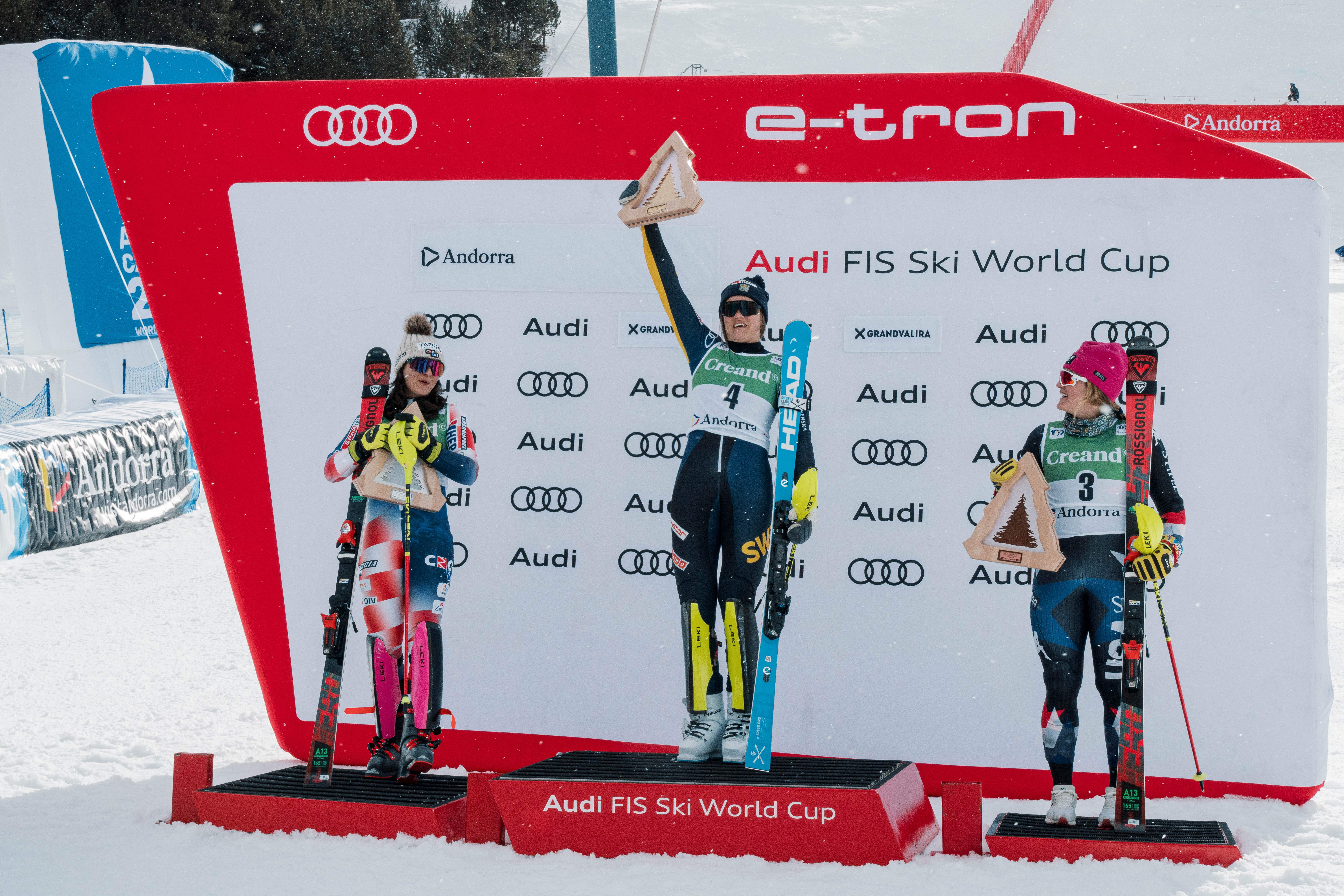 El podi femení de l'eslàlom de Soldeu.