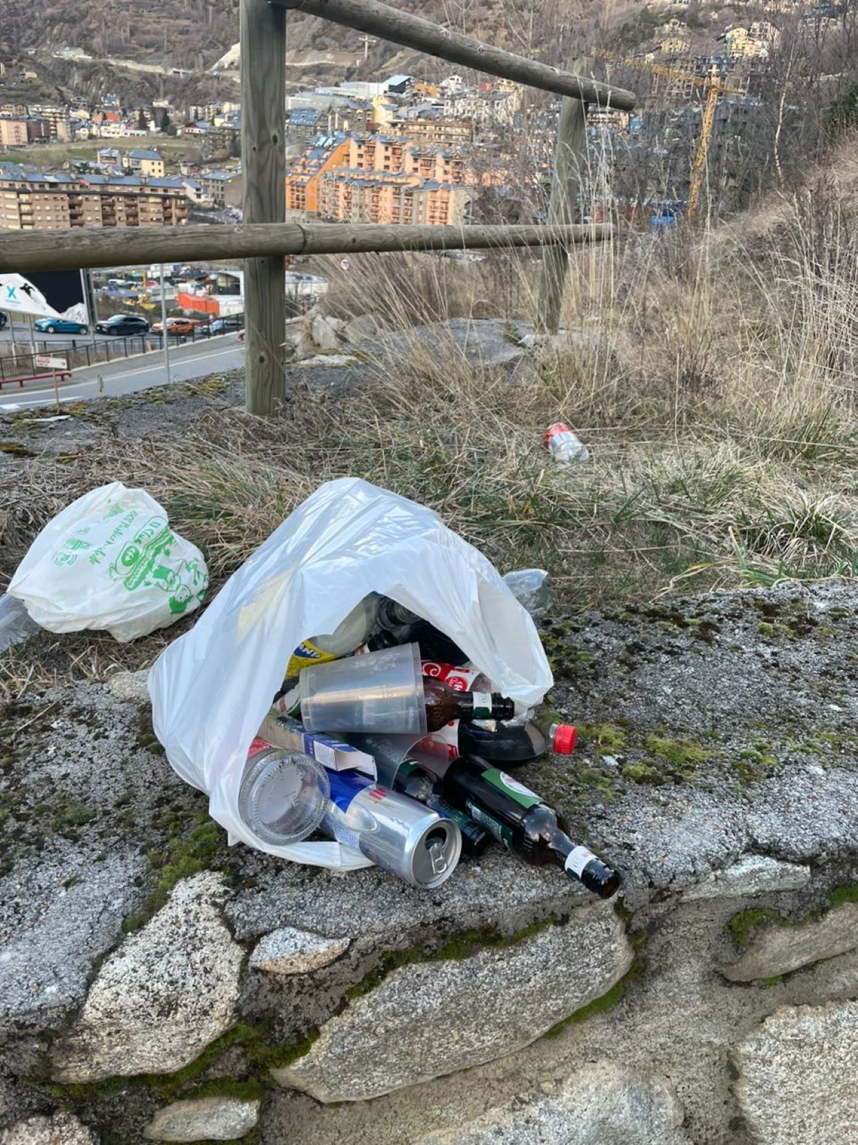 Ampolles de cervesa i llaunes de begudes energètiques llençades a terra.