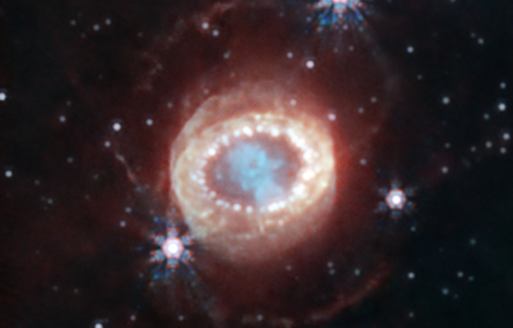 SN1987A observada per l'instrument NIRCAM del Telescopi James Webb al 2023 - Crèdit: NASA, ESA, CSA, Mikako Matsuura, Richard Arendt, Claes Fransson, Josefin Larsson