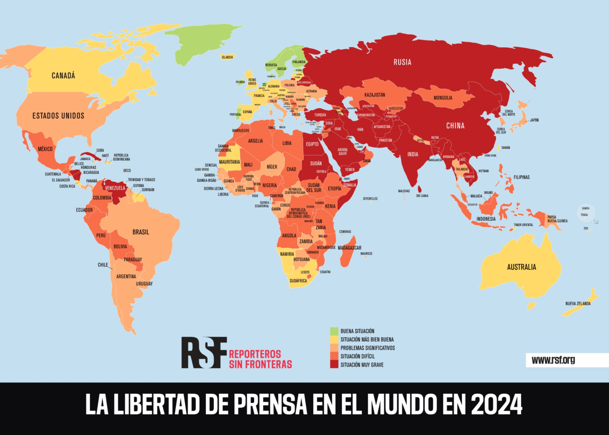 El mapa de llibertat de premsa d'RSF del 2024.