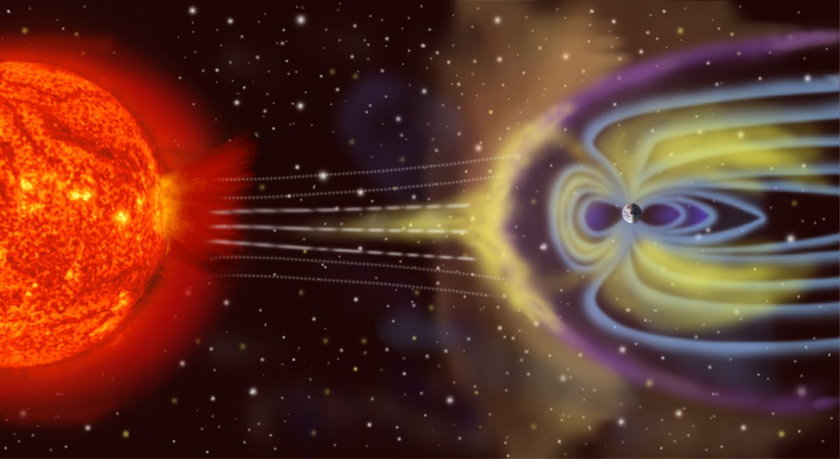 Vista artistica de la interacció de les ejeccions de massa coronal solar amb la magnetosfera terrestre (no està a escala) - Crèdit: NASA La portaveu del Sindicat, Rebeca Bonache.