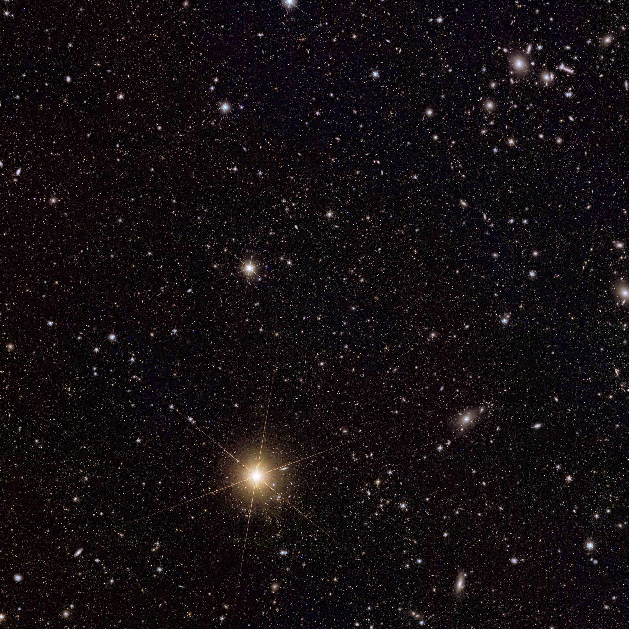 El cúmul de galàxies Abel2764 molt distant i l'estel Beta Phoenicis de la nostra galàxia La portaveu del Sindicat, Rebeca Bonache.
