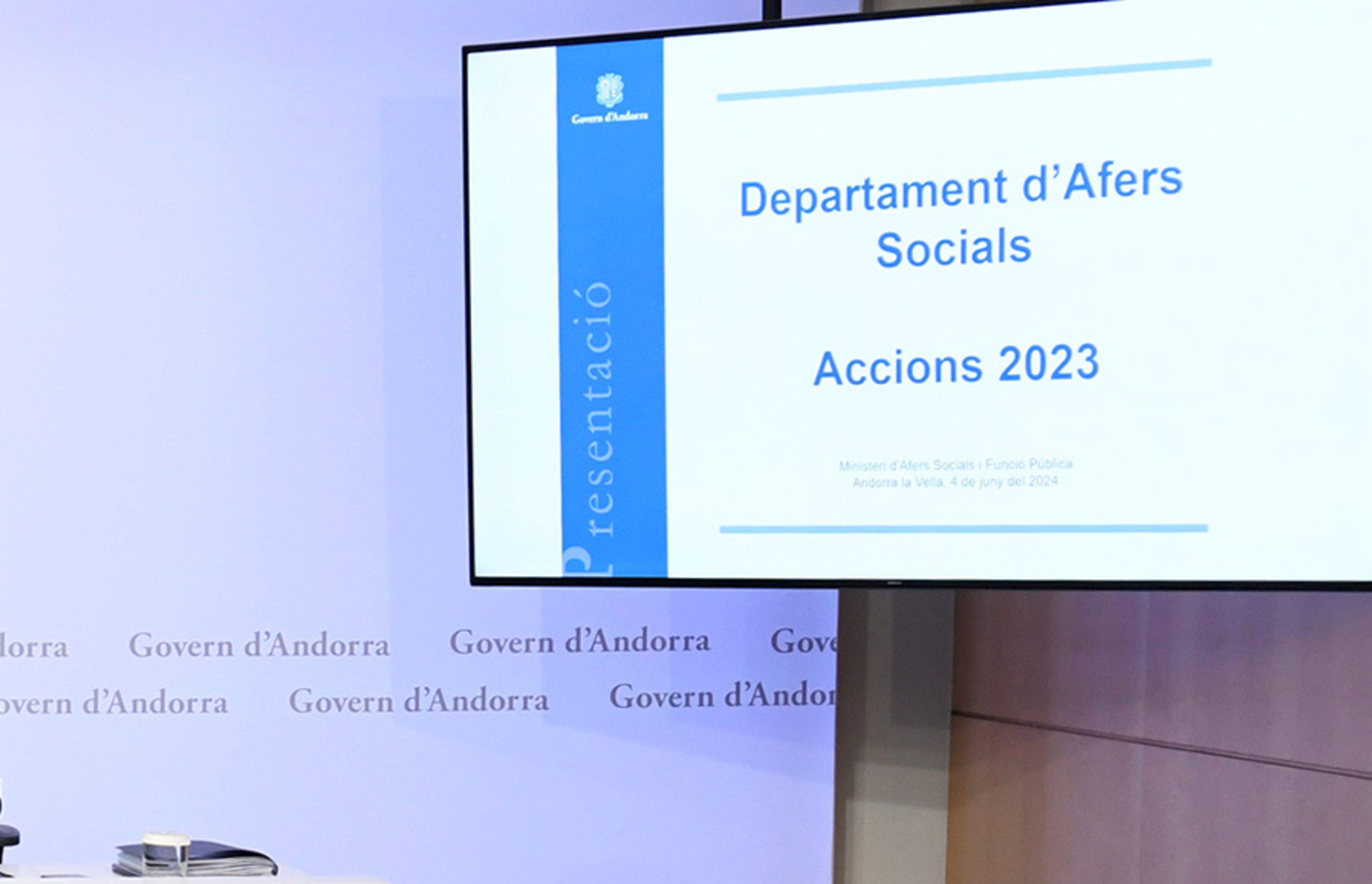 Rètol d'Afers Socials durant la presentació d'aquest dimarts.