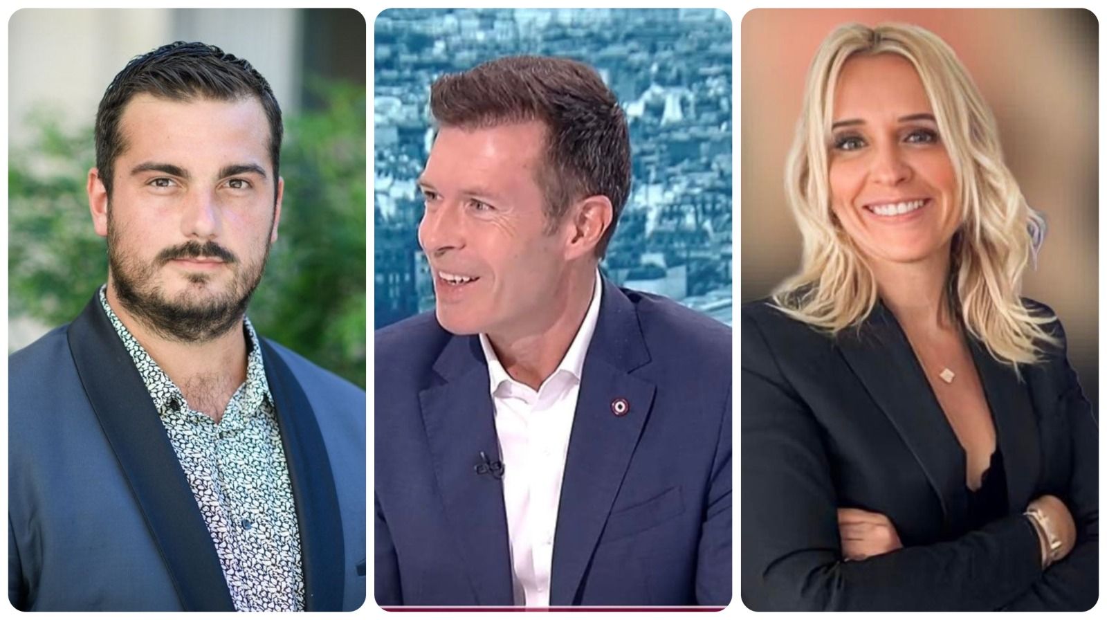 Maxime da Silva (Nou Front Popular), Stéphane Voetta (Renaixament) i Johana Maurel (Reagrupament Nacional).